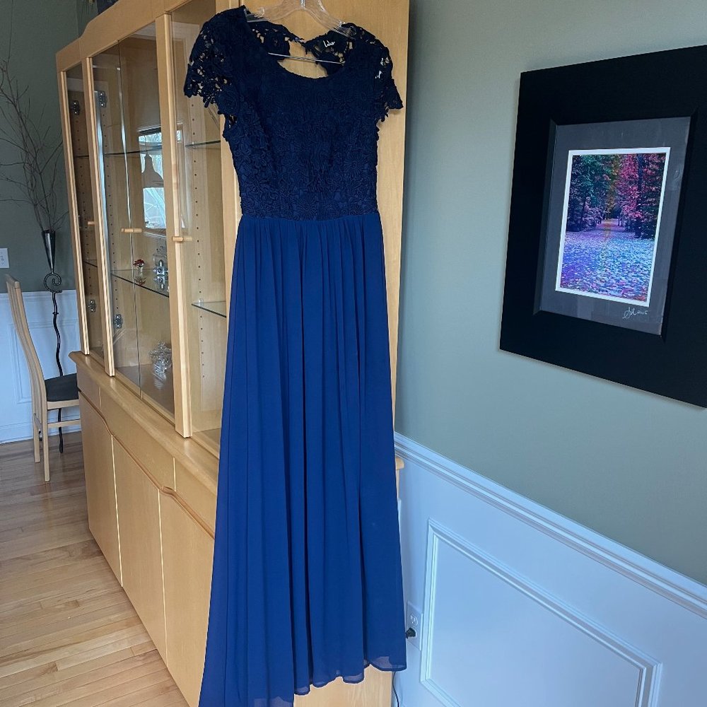 Lulu's Navy Blue Lace Maxi Dress | Prom Formal Gown | Open Back Floral